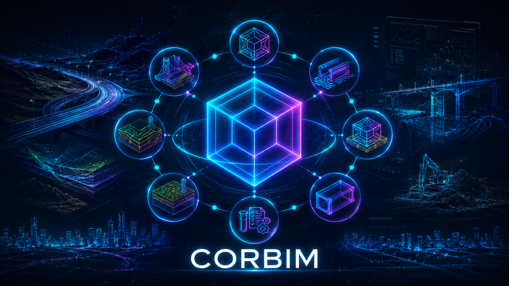 Imagem institucional da Corbim representando um ecossistema BIM de infraestrutura com cubo tecnológico, módulos técnicos, estradas, pontes, dados e fluxos digitais.